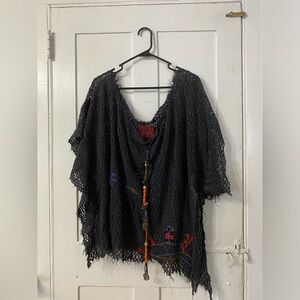 Black Distressed Open Knit Crochet Poncho with Colorful Embroidery